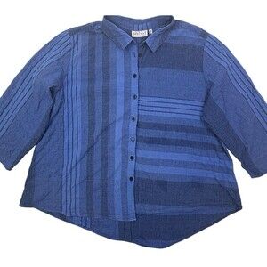 Habitat Lagenlook Crinkle Blouse XL Blue Stripe Asymmetrical Back Button